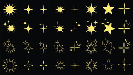 Golden Star and Sparkle Icons – Elegant Decorative Elements on Black Background