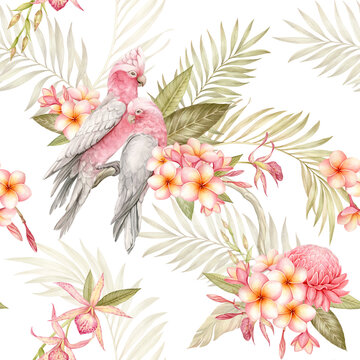 Cockatoos, tropical plants, palm leaves, orchids and plumeria watercolor seamless pattern.