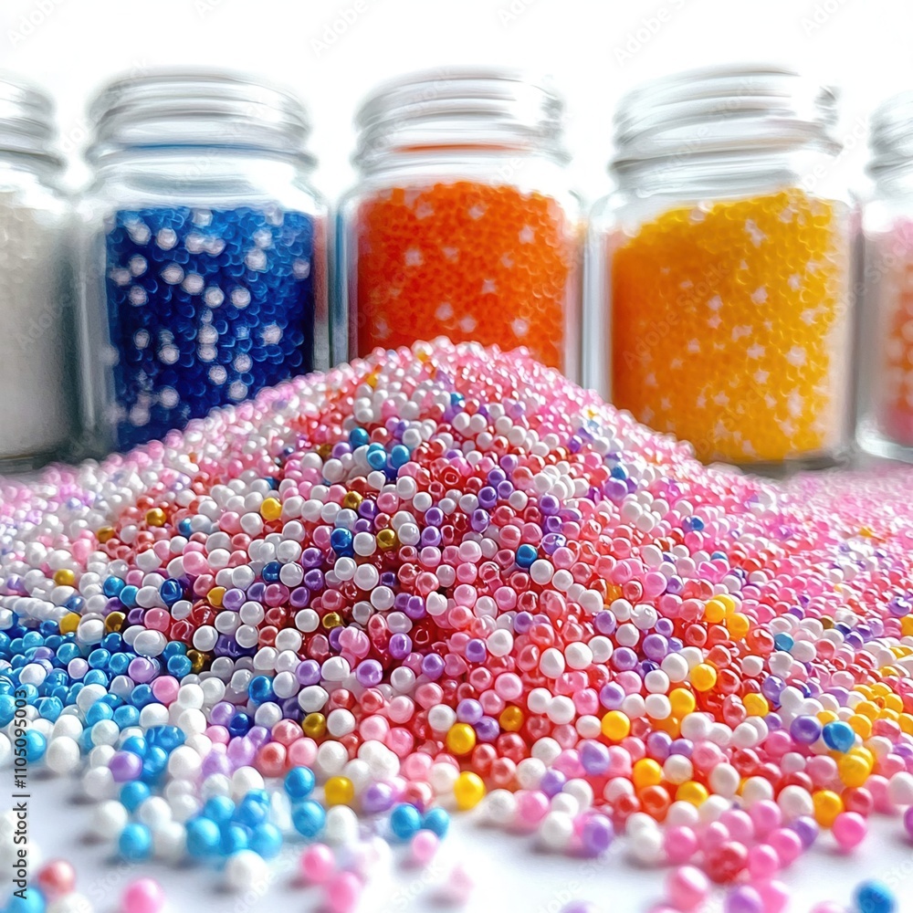 Poster a colorful assortment of tiny beads spills from a mound, with jars of vibrant beads in the backgroun