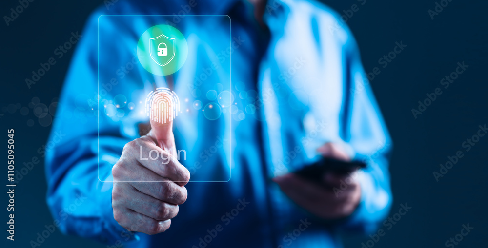 Aufkleber man logging in with fingerprint on smartphone for cybersecurity protection