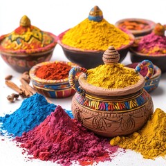 Fototapeta premium Colorful spices in decorative bowls, showcasing a vibrant array of natural hues, perfect for culinary and artistic uses. isolate on white background