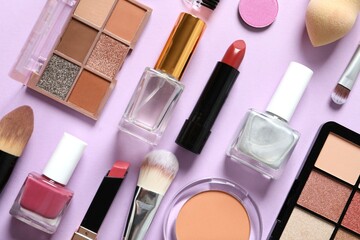 Professional decorative cosmetics, make-up products and accessories on color background, minimal style. Beauty, fashion, visage and shopping blogger concept