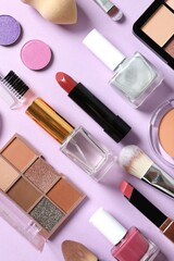 Professional decorative cosmetics, make-up products and accessories on color background, minimal style. Beauty, fashion, visage and shopping blogger concept