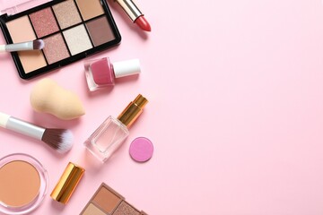 Professional decorative cosmetics, make-up products and accessories on color background, minimal style. Beauty, fashion, visage and shopping blogger concept