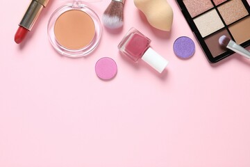 Professional decorative cosmetics, make-up products and accessories on color background, minimal style. Beauty, fashion, visage and shopping blogger concept