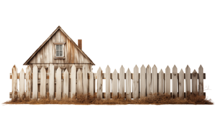 Classic white picket fence with weathered, rustic charm. Adds a timeless, nostalgic feel to gardens or home decor settings, isolated on transparent background.