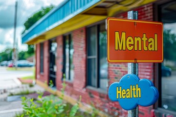 A bright sign displaying "Mental Health" in playful font, located at a community center hosting awareness programs and support groups