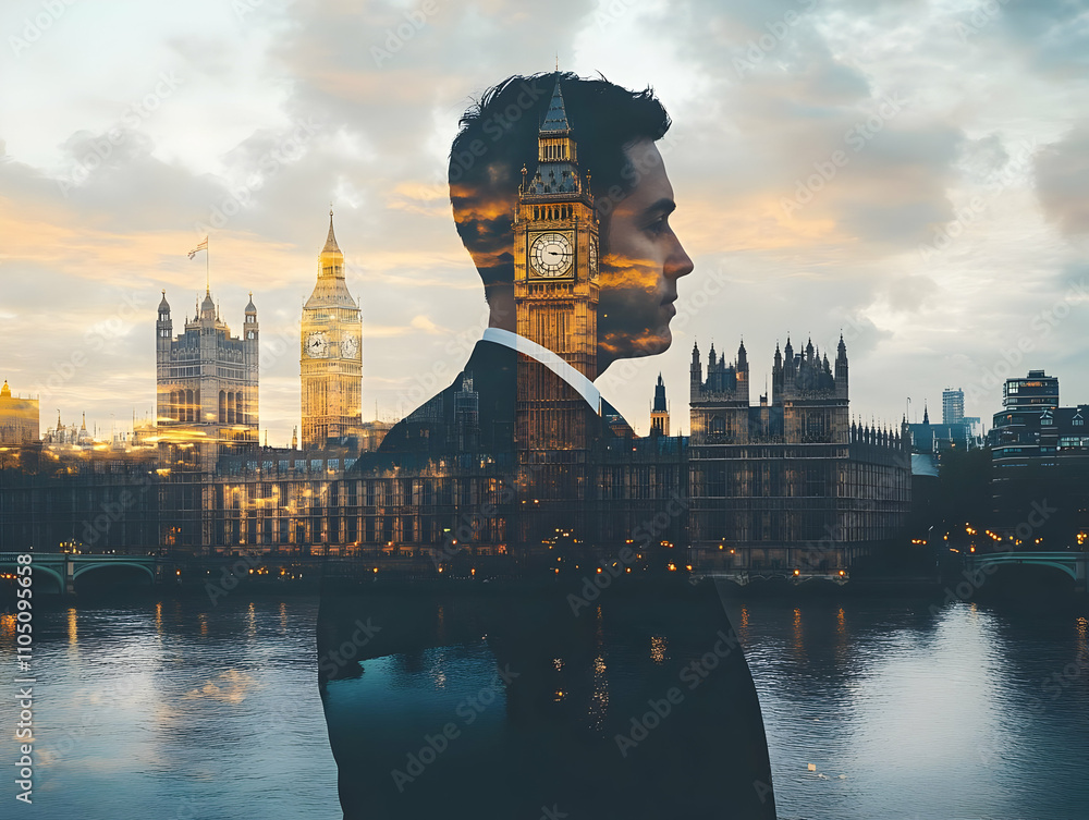 Poster a double exposure of a man in a suit with london landmarks in the background.
