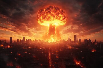 Obraz premium Nuclear Explosion, Post-Apocalyptic Cityscape with Nuclear Explosion at Sunset, bomb blast,