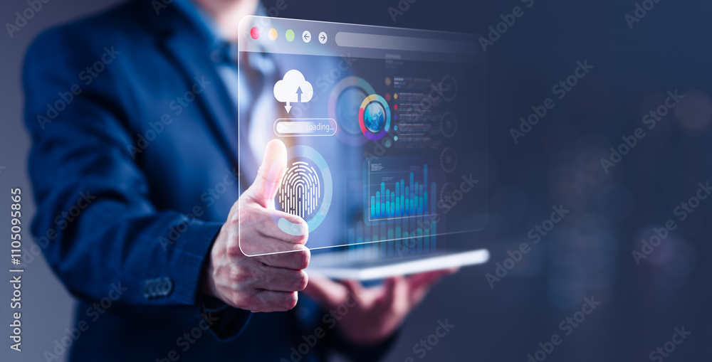 Aufkleber man logging in on tablet with fingerprint for cybersecurity protection