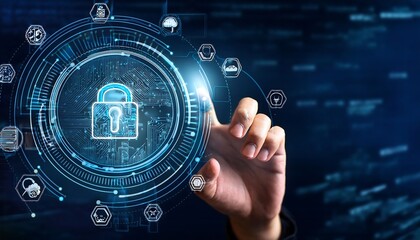 Hands interacting with futuristic digital icons representing risk management and safety on a dark background.