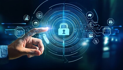 Hands interacting with futuristic digital icons representing risk management and safety on a dark background.