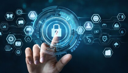 Hands interacting with futuristic digital icons representing risk management and safety on a dark background.