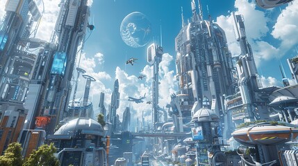 Naklejka premium Futuristic Cityscape with Flying Vehicles