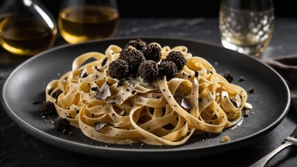 freshly shaved black truffles and drizzled with a light cream sauce