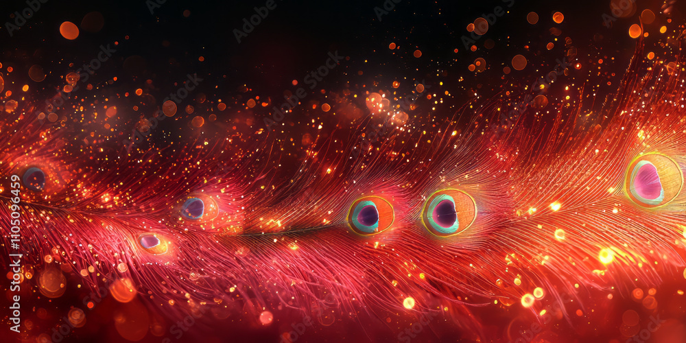 Poster peacock tail feather array close-up, chinese style of red and yellow tones, mixed with some gold str
