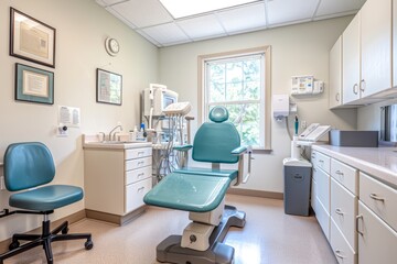 A bright, well-organized examination room with modern medical equipment, clean surfaces, and a window view of the countryside 