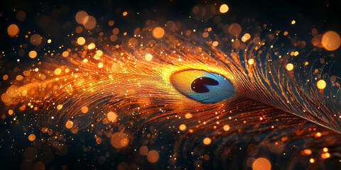 Peacock tail feather array close-up, Chinese style of red and yellow tones, mixed with some gold streamers loaded particles.