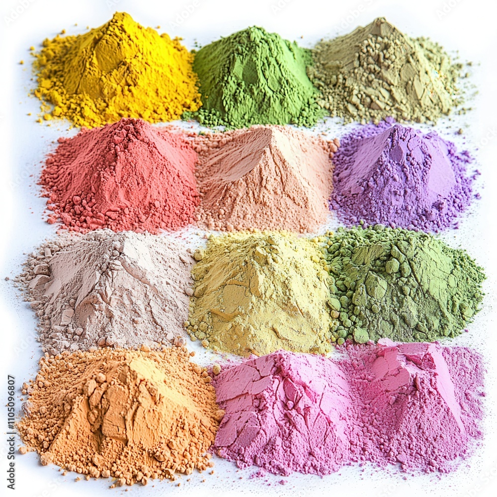 Poster a vibrant array of colorful powders, arranged in neat piles, showcasing various hues from yellow and