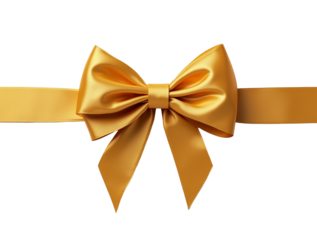Gold satin ribbon bow with tied tails on transparent background. Close-up cut out decoration for gift wrapping or holiday design