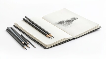 An open sketchbook with a beautiful horse drawing inside. A collection of pencils lies beside it. Perfect for artists and creatives. Generative AI