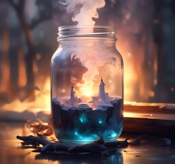 Illustration of glowing and magic dramatic smoke in jar with water reflection.