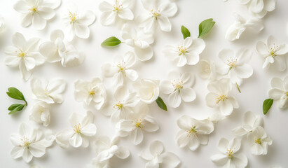 Elegant white flowers scattered on light background, creating serene and fresh atmosphere. Perfect for spring themes and floral designs