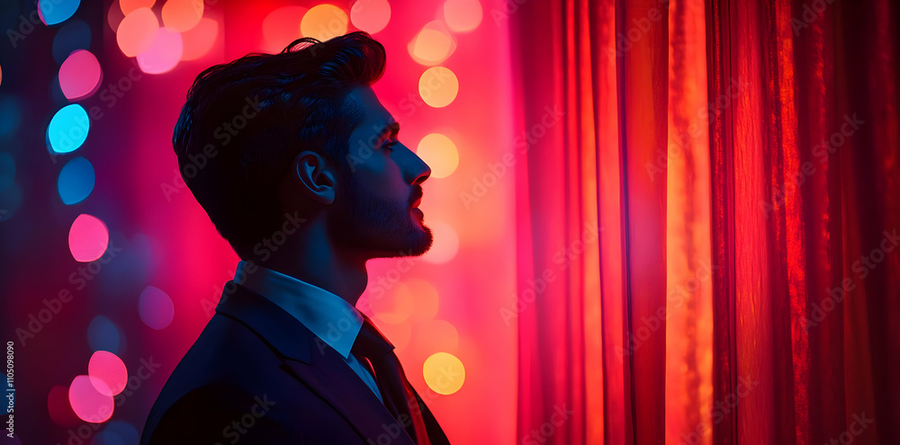 Poster A man in a suit gazes thoughtfully at colorful lights through a curtain.