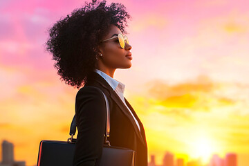 A confident female professional with a briefcase, standing boldly against an urban backdrop, illuminated by sunset light, embodying strength in business