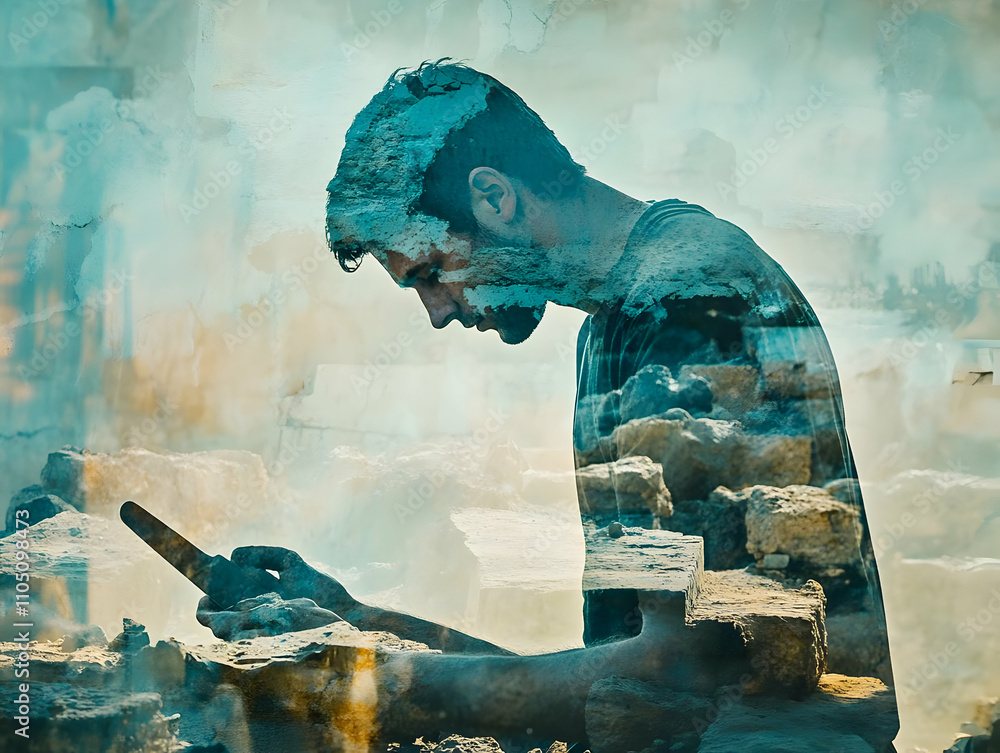 Poster a contemplative figure interacts with a phone amidst a layered, abstract background.