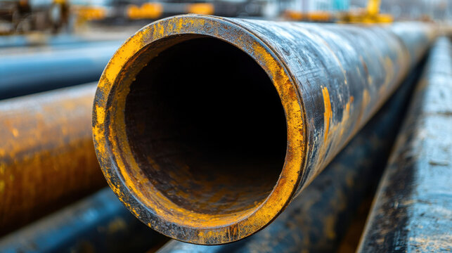 Large industrial pipe with rusty exterior, showcasing its cylindrical shape and texture. image captures essence of factory settings and heavy machinery