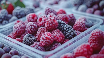 A close up of a bunch of raspberries in a container. Frozen berries. Healthy treats, food trends,...