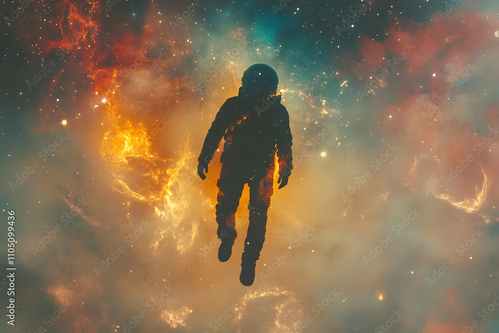 Poster an astronaut floats in a colorful cosmic scene, representing exploration and the unknown.