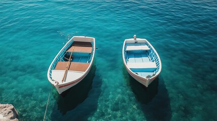 Obraz premium Two small boats floating in clear turquoise water.