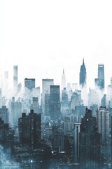 Modern city skyline with skyscrapers against a white background
