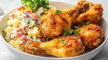 Fototapeta premium A plate of fried chicken with a side of potato salad.