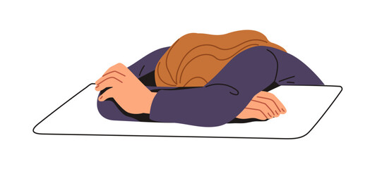 Exhausted frustrated woman resting with head down on table. Overworked tired fatigue female in frustration. Emotional exhaustion, burnout concept. Flat vector illustration isolated on white background