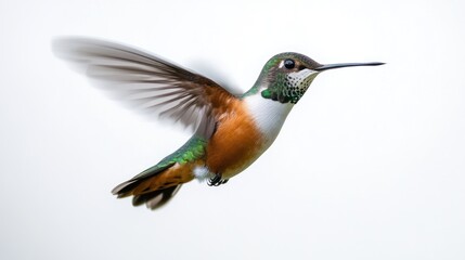 Fototapeta premium A Rufous breasted hummingbird in flight against a white background