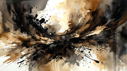 A fluid and expressive watercolor abstract featuring deep black and brown tones, creating a bold and atmospheric artwork.
