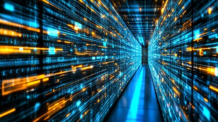 Futuristic Data Center Corridor  Digital Stream  Network Technology