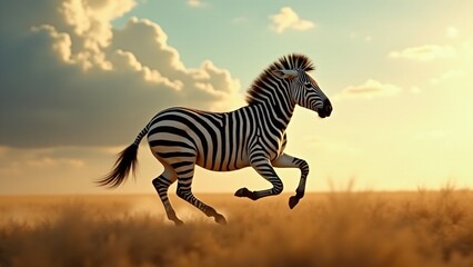 Design a dynamic image of a zebra sprinting across the savannah. Capture its powerful legs and flowing mane in motion, with a dramatic sky to convey speed, freedom, and energy.