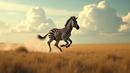 Fototapeta premium Design a dynamic image of a zebra sprinting across the savannah. Capture its powerful legs and flowing mane in motion, with a dramatic sky to convey speed, freedom, and energy.