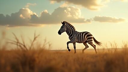 Naklejka premium Design a dynamic image of a zebra sprinting across the savannah. Capture its powerful legs and flowing mane in motion, with a dramatic sky to convey speed, freedom, and energy.