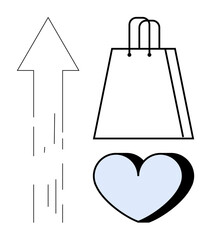 Arrow pointing upwards beside a shopping bag and light blue heart, symbolizing growth, shopping, and love. Ideal for e-commerce, retail, marketing, customer satisfaction, sales improvement digital