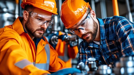 Two workers in safety gear collaborating on a mechanical system.