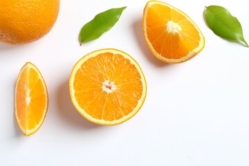 Fresh orange citrus fruit with leaves on white background