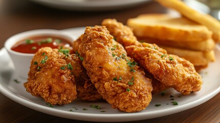A plate of fried chicken tenders with a side of dipping sauce.
