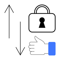 Upward and downward arrows, lock icon with keyhole, and thumbs up hand gesture with blue sleeve. Ideal for security, approval systems, data transfer, encryption, secure transactions, feedback user