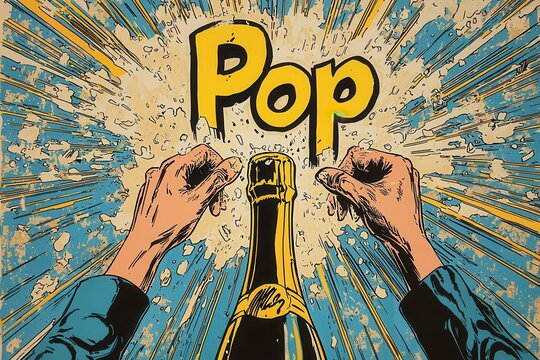 Comic book style artwork featuring a champagne bottle popping open