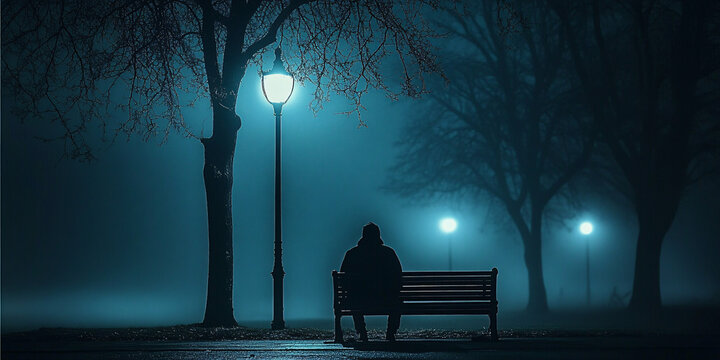 A moody night scene featuring a solitary figure on a bench, ideal for themes of solitude, introspection, and events related to mental health awareness.